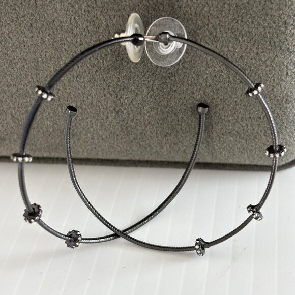 Black Gunmetal-Tone Hoop Earrings With Decorative Beads & Crystals 2-Inch Diamet - Picture 3 of 4